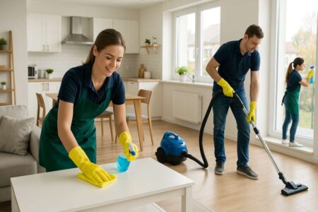 Home cleaning professionals working in a modern living space.