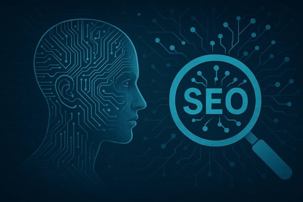 AI brain powering search engine optimization with data and keywords