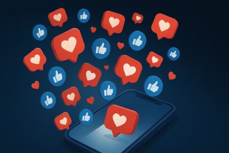 Viral likes and reactions bursting from a smartphone screen.