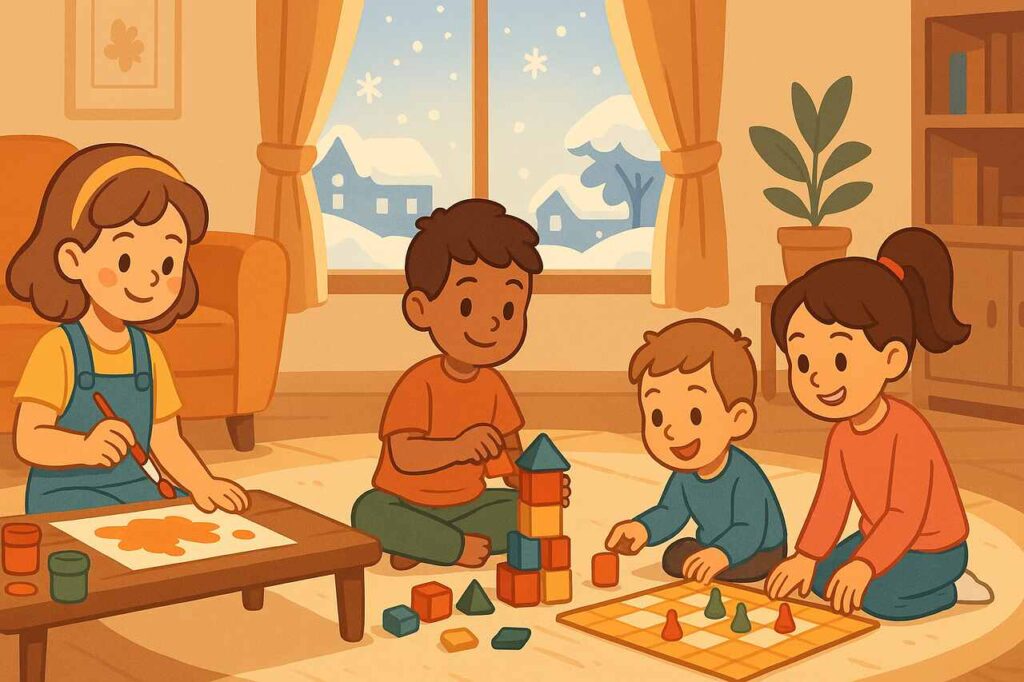 Kids enjoying indoor activities in a cozy winter home setting