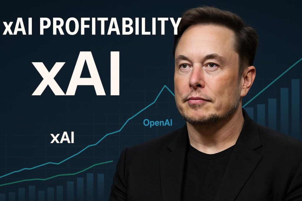 xAI Projected to Outpace OpenAI in Profitability, Says Former CFO Elon Musk beside xAI logo with charts showing AI company profitability