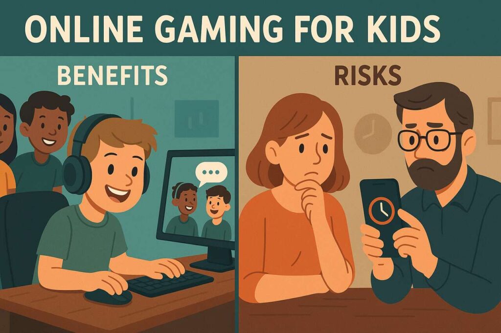 Online Gaming for Kids Balanced Perspective on Benefits and Risks Child gaming with friends and parents monitoring screen time