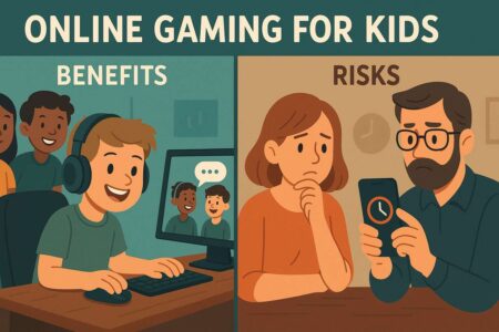 Child gaming with friends and parents monitoring screen time