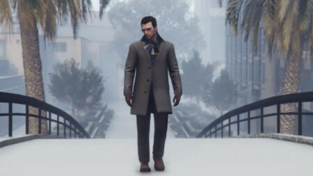 Snowy GTA Online city scene with car and winter updates preview.
