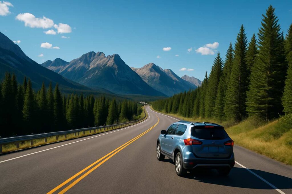Car driving down scenic highway on a road trip through mountains.