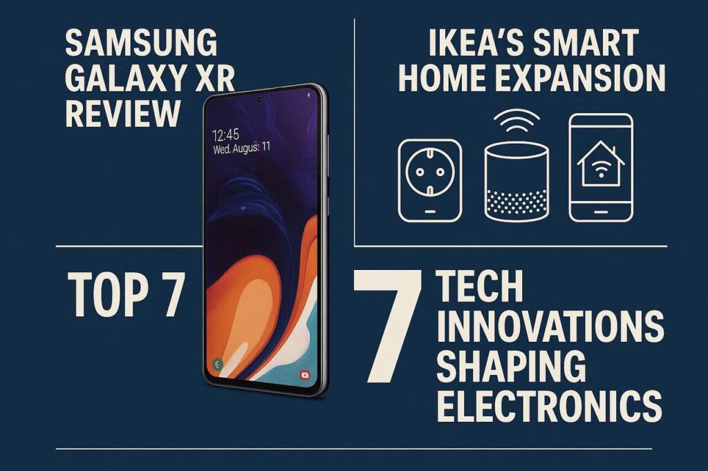 Samsung Galaxy XR, IKEA smart home tech, and top 7 electronics innovations illustrated on a tech-themed banner.