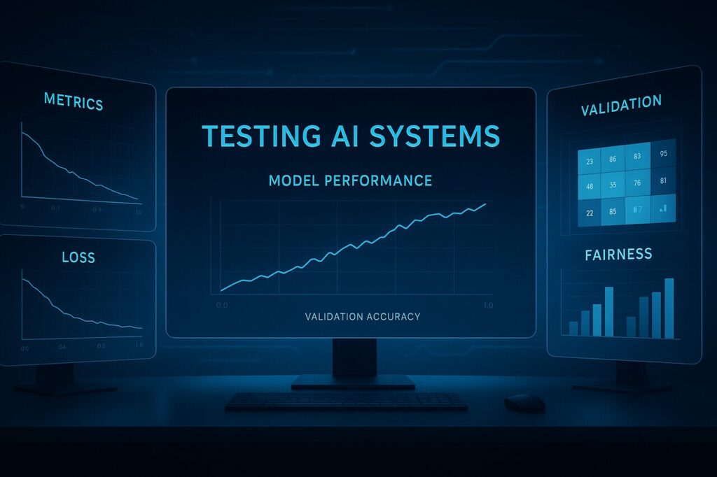 Testing AI Systems: Metrics for Robust AI Testing and Model Validation AI system testing dashboard with validation metrics and model performance.