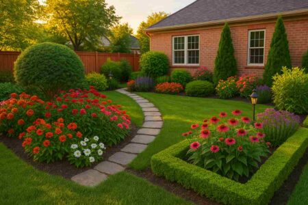 Beautifully landscaped yard with flowers, hedges, and path