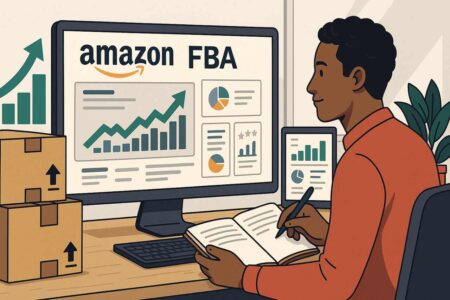 Amazon FBA profit chart and seller reviewing business strategy