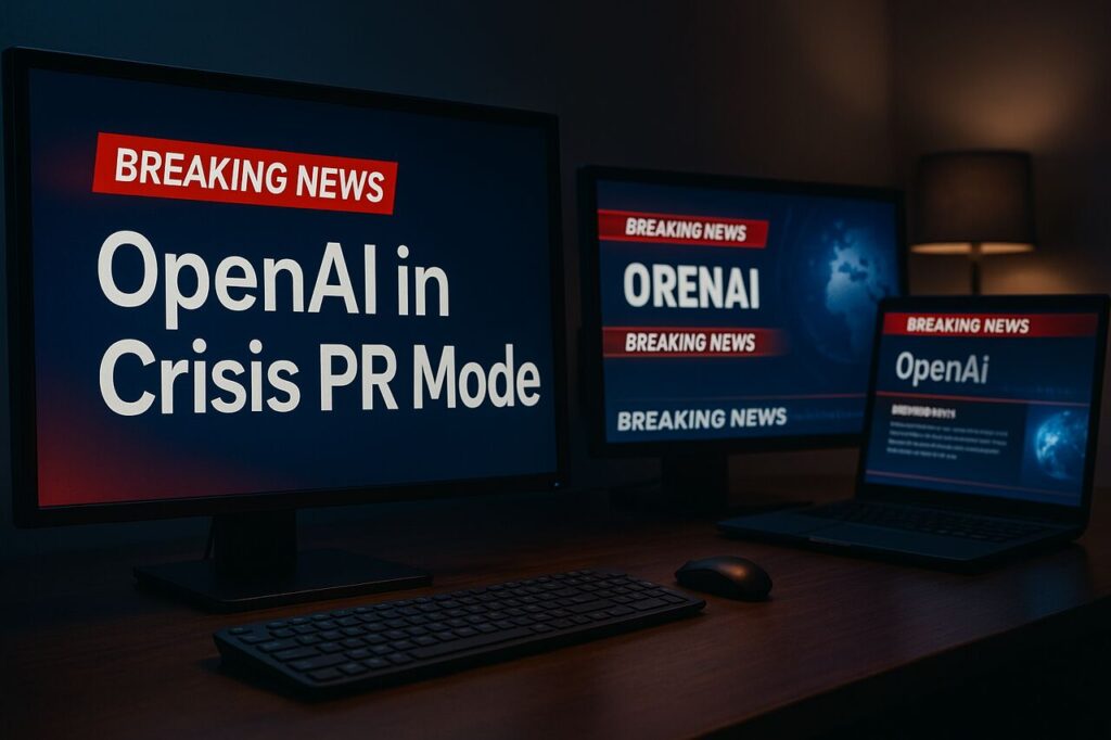 OpenAI Crisis Communication Escalates Amid Leadership Conflicts and Transparency Demands Breaking news screens showing OpenAI PR crisis updates.