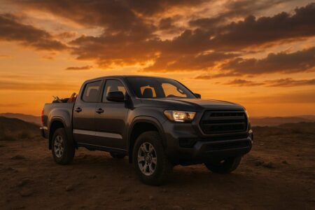 Pickup truck on rugged terrain at sunset with tools in bed