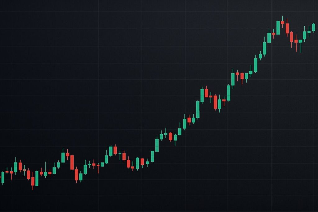 Realistic landscape trading chart showing red and green candlesticks on dark grid.