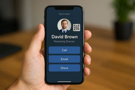 Smartphone showing digital business card with share options