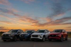 Lineup of four best medium SUVs on open road