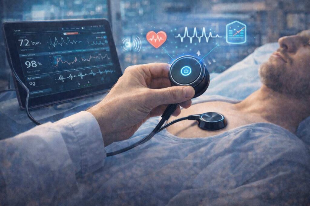 Fonendi Meaning Uses Benefits and Modern Medical Applications Doctor using Fonendi digital stethoscope in a modern medical setting.