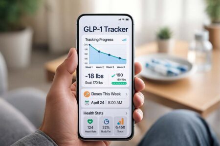 GLP-1 tracking app showing dose logs and health progress
