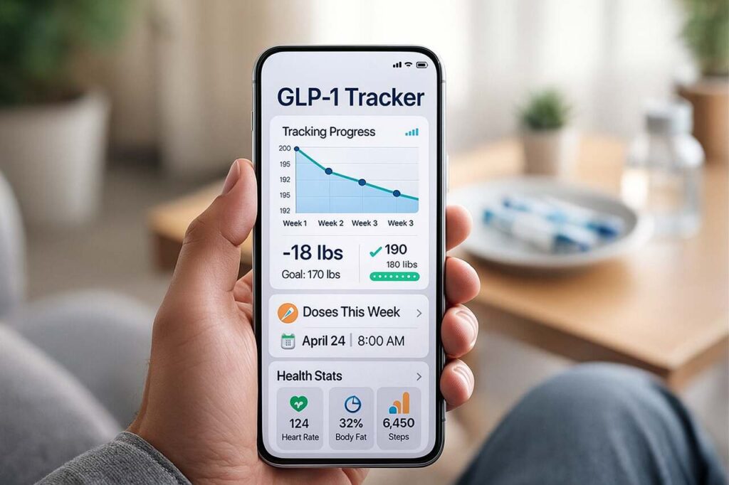 GLP-1 tracking app showing dose logs and health progress