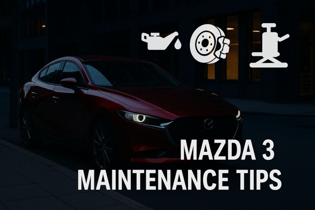 Mazda 3 Maintenance Tips Complete Guide to Keep Your Mazda Running Smoothly Mazda 3 in a cityscape with maintenance-related icons