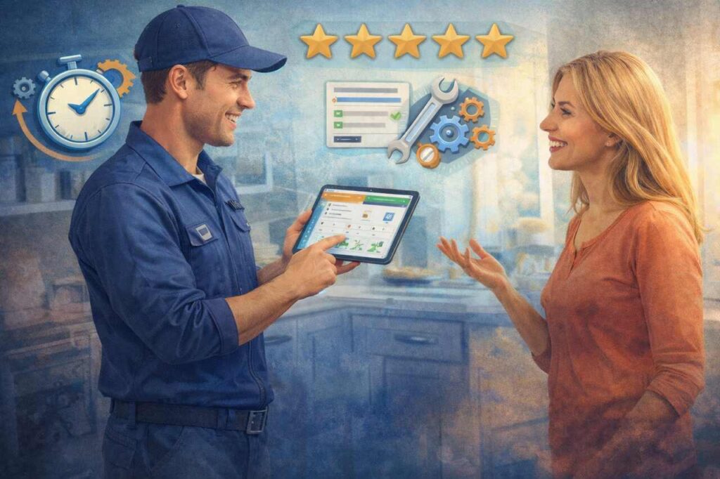 Plumbing Pros Swear By This Software For Exceptional Customer Service That Saves Time and Boosts Ratings Plumber using software to deliver efficient and top-rated customer service.