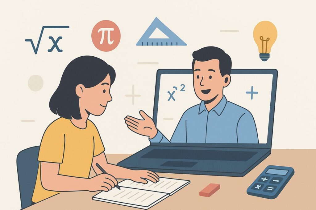 Smart Ways to Study Math with Online Tutors Student studying math online with a tutor on a laptop.