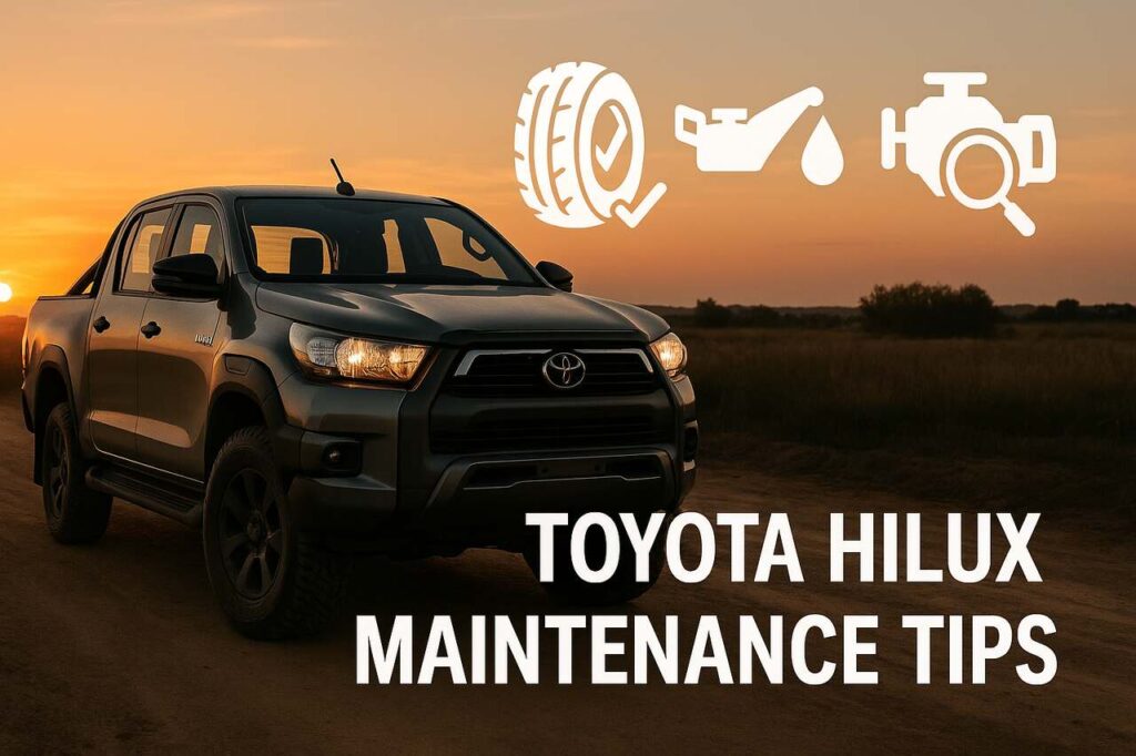 Toyota Hilux Maintenance Tips That Save Money and Extend Lifespan Toyota Hilux on a dirt road with maintenance icons overlayed