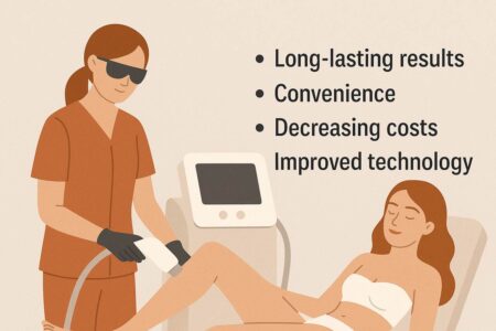 Woman receiving laser hair removal treatment in clinic setting.