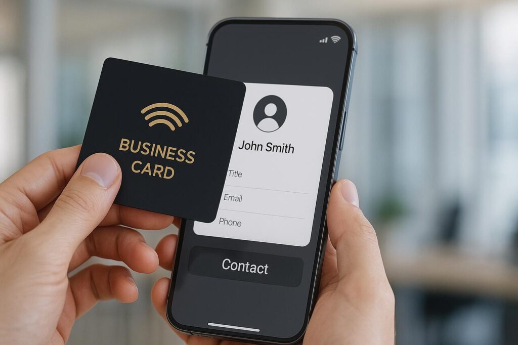 Hand tapping NFC business card to phone for contact sharing