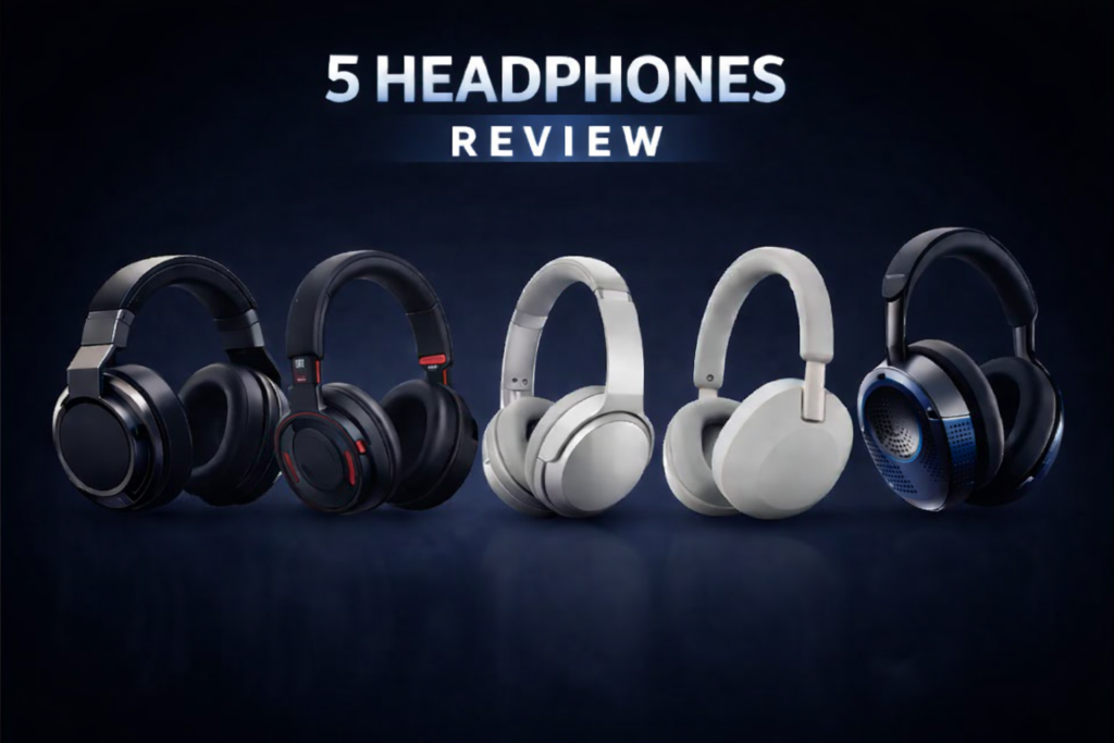 Top 5 headphones on a modern desk in a creative workspace setting.