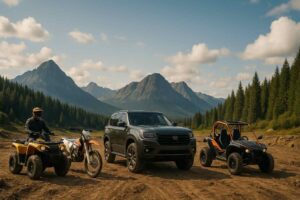 Off-road vehicles on rugged terrain with nature backdrop