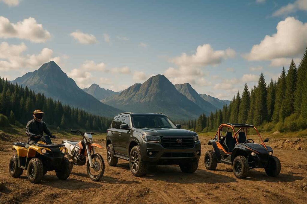 Off-road vehicles on rugged terrain with nature backdrop