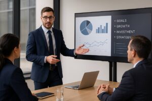 Business consultant presenting strategy to clients in office