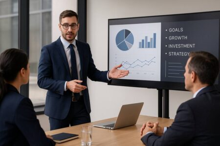 Business consultant presenting strategy to clients in office