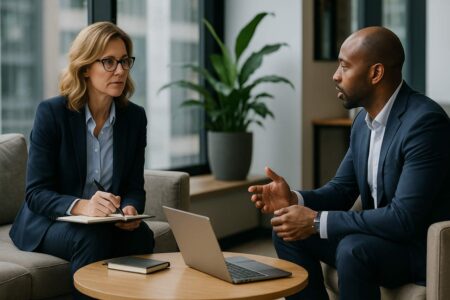 Executive coach guiding a business leader in a modern office