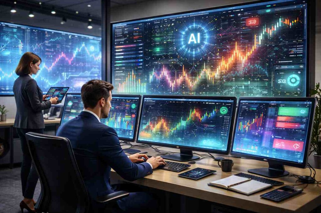 Trader using AI stock analysis tools to review market data and predictions.