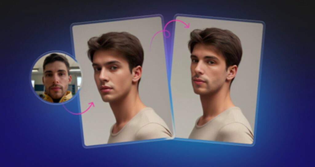 Designer using AI face-swapping tools in a branding project.