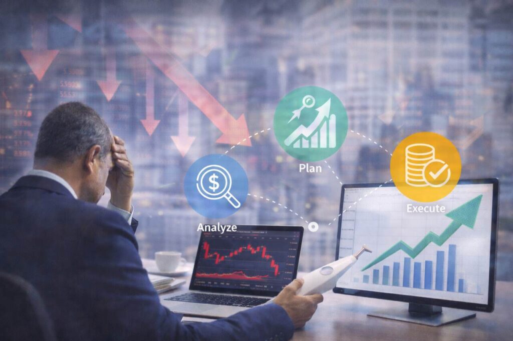 Person analyzing financial data and implementing turnaround strategies.
