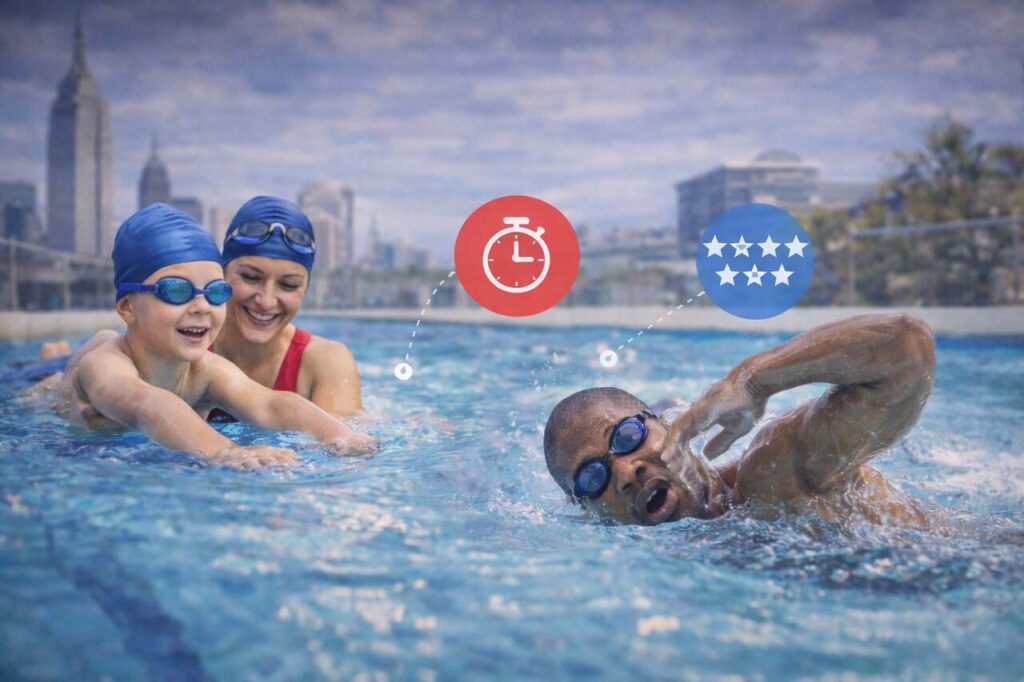 Swim instructor teaching kids and adults in NYC pool setting.