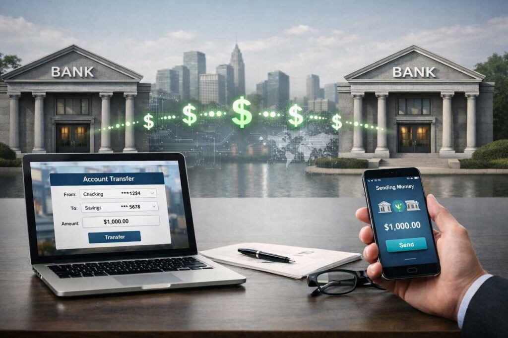 Digital bank-to-bank transfer with secure icons and connected banks.