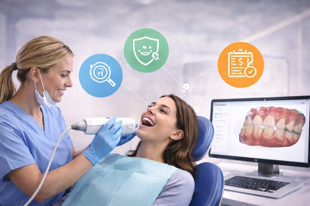 Dentist using digital scanner to capture a 3D image of patient’s teeth.