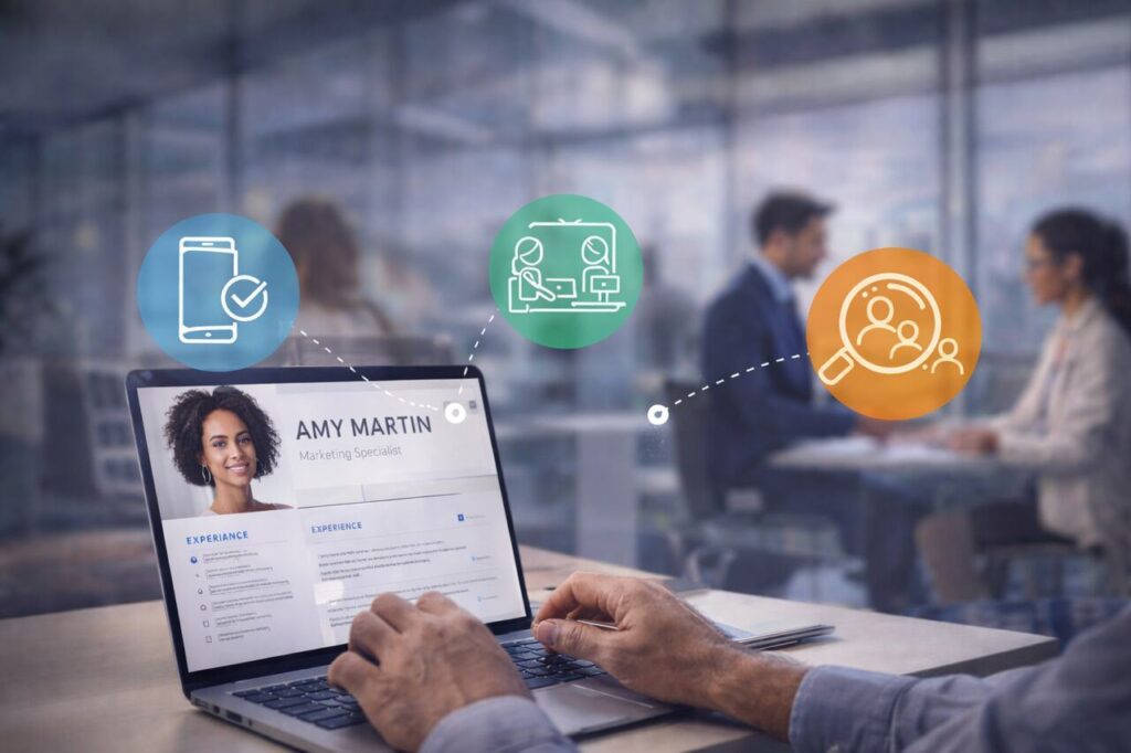 Recruiter using AI-powered hiring tools in a modern recruitment workflow.
