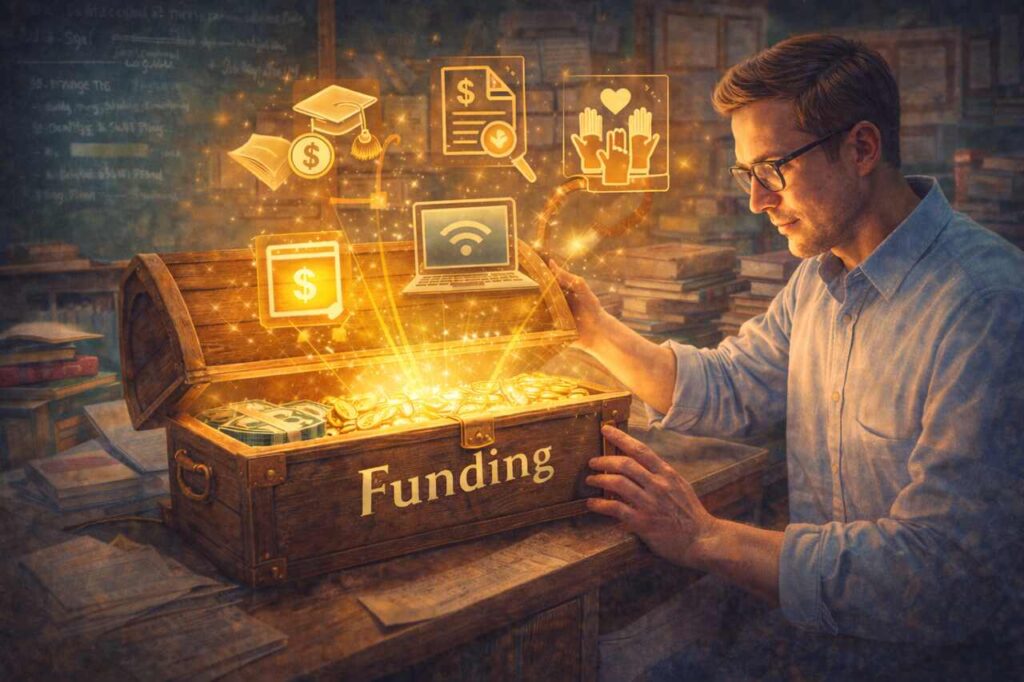 Teacher discovering hidden funding opportunities in a classroom setting.