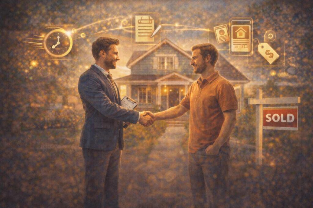 How to Navigate a Quick Home Sale Process Homeowner finalizing quick home sale with real estate agent.