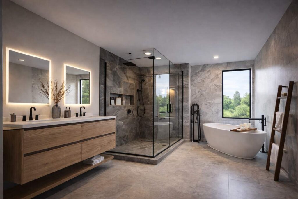 Modern renovated bathroom with smart and minimalist design elements.