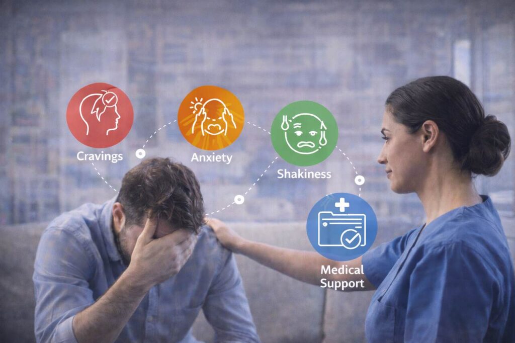 Individual experiencing withdrawal symptoms supported by detox professional.