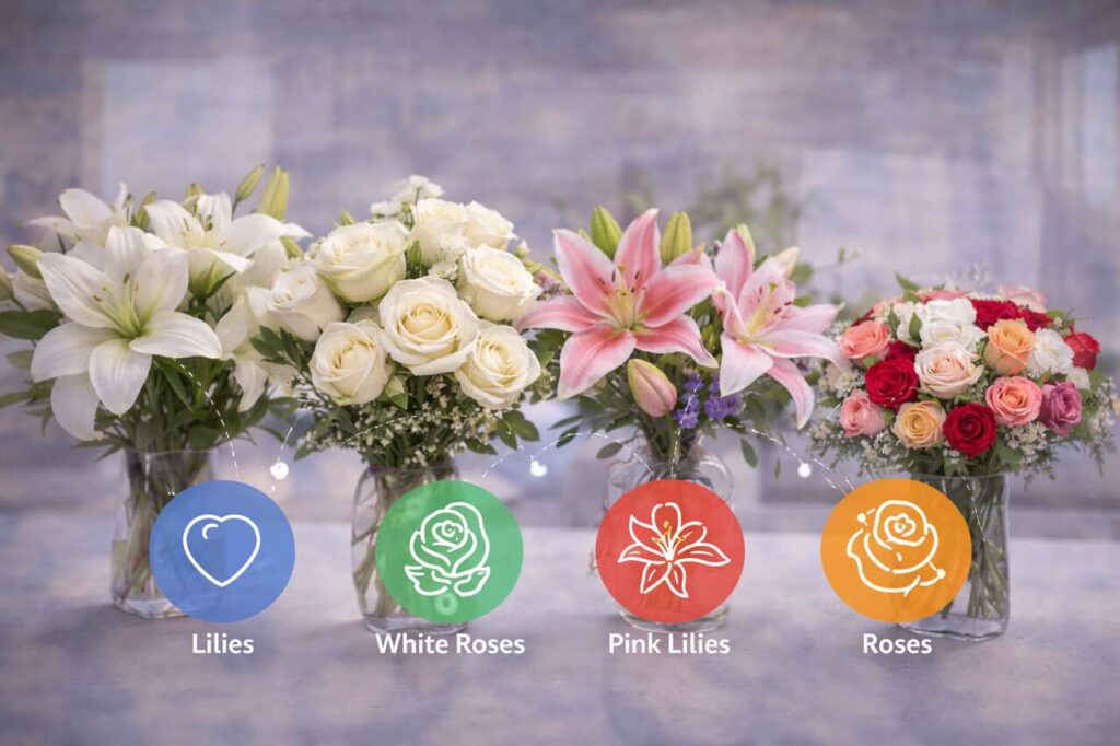 Sympathy flower arrangement with lilies, roses, and orchids for support.