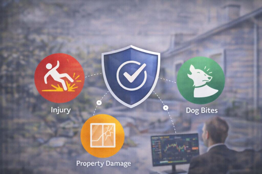 Homeowner with illustrated liability scenarios and legal protection shield.