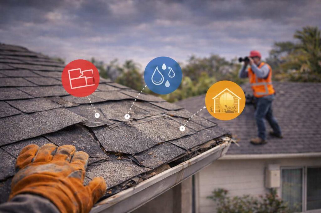 Damaged roof with visible signs homeowners shouldn’t ignore.