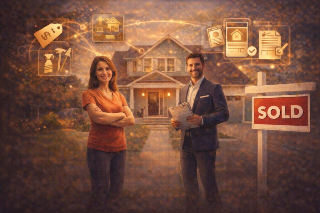 Homeowner and agent closing fast home sale with a sold sign.