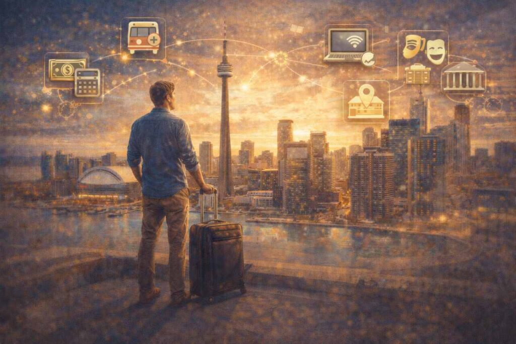 Traveler with suitcase viewing Toronto skyline and extended stay tips.