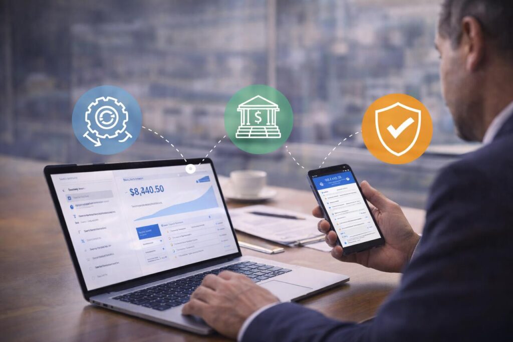 Business owner using a smart digital dashboard for banking solutions.